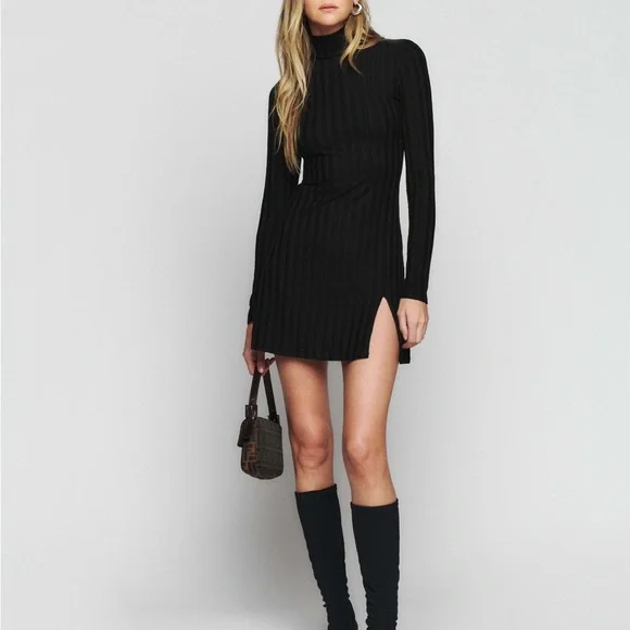 NEW REFORMATION Libra Knit Dress Black
$128 Wide Rib Faux Turtleneck Slit Large - Picture 3 of 13